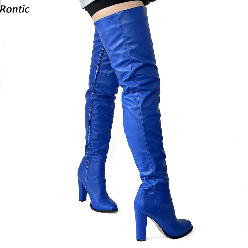 Rontic handgefertigte Damen-Winter-Oberschenkelstiefel, durchgehender Reißverschluss, klobige Absätze, runde Zehen, schöne blaue Freizeitschuhe, US-Größe 5–20