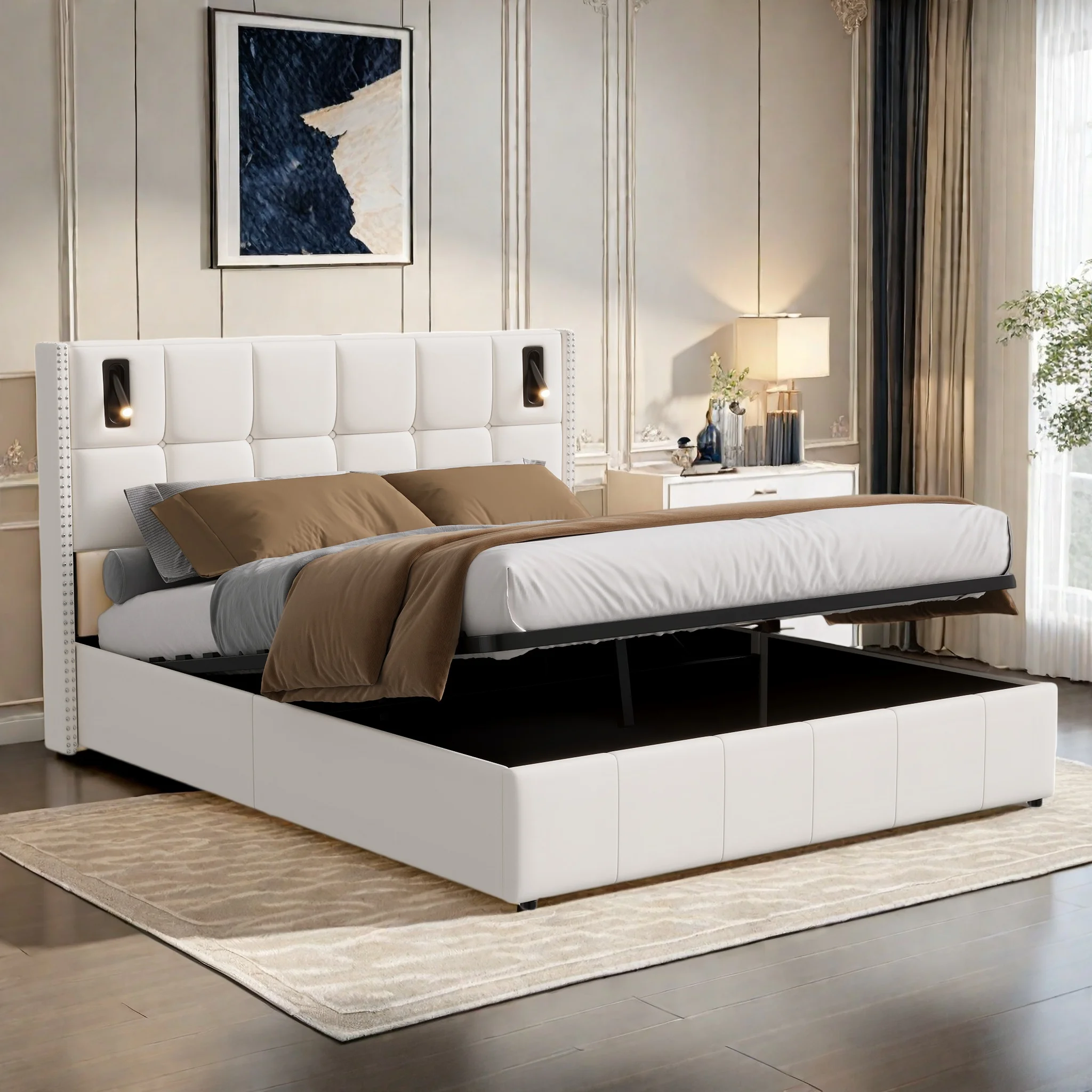 Bett 140 x 200 cm, Doppelbett 140 x 200 cm mit Leselampe, Hydraulisches Bett mit Aufbewahrungsfunktion, Lattenrost, Doppelbett Image