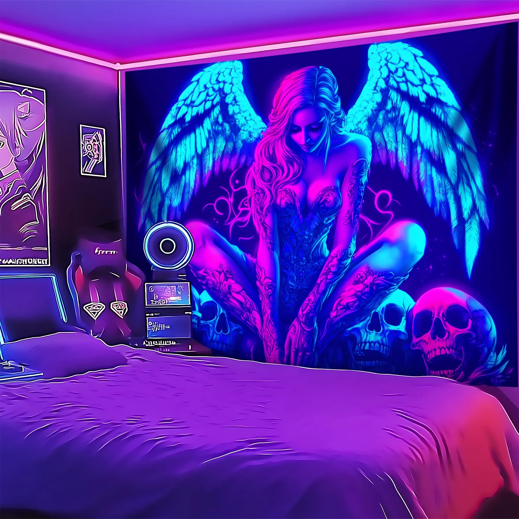 VIKAMA Cyberpunk-Engels-Totenkopf-Wandteppich, psychedelische Kunst, für Schlafzimmer, Gaming-Raum, Bar, Hängedecke, Heimdekoration Image