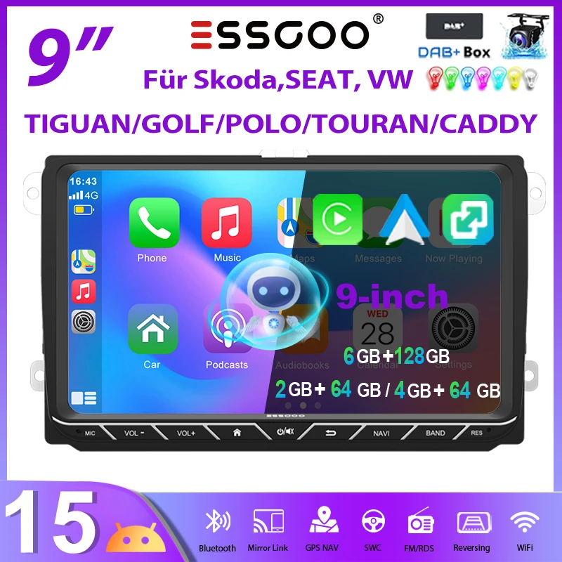 ESSGOO Autoradio Android15 9" 4+64G/6+128G für VW Tiguan Caddy EOS Jetta T5 Passat B6 B7 Polo 6R Golf 5 6 Touran GPS Navigation RDS WiFi 2+64G Wireless CarPlay Android Auto Bluetooth FM Image