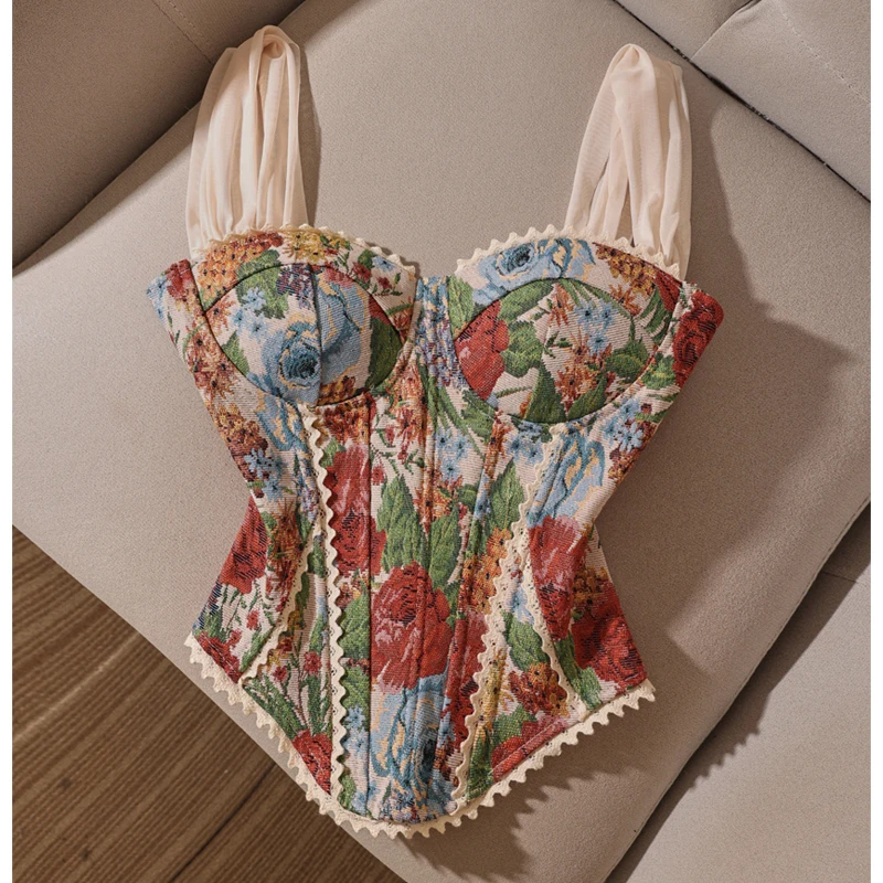 Jacquard Gedruckt Fishbone Korsett Sexy Frau Nackte Schulter Leibchen Crop Tops Halter Tank Top Weibliche Dünne Weste Sommer Französisch Weste Image