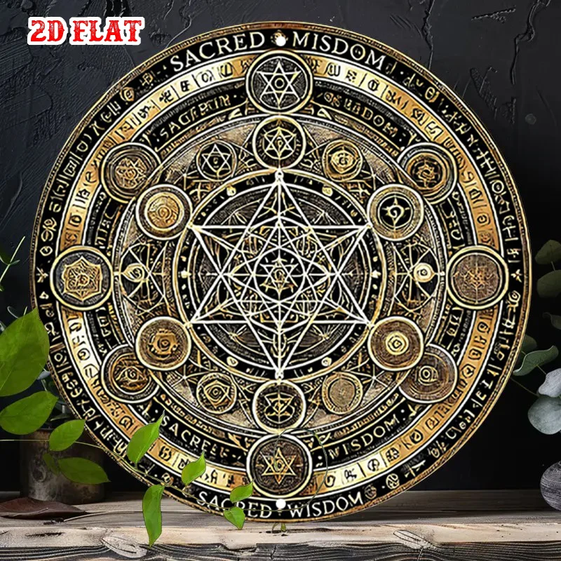 2D Flaches, 1-teiliges Heiliges Weisheits-Metallschild - Mystisches Pentagramm & Esoterische Symbole in Gold, Runde Aluminium-Wanddekoration für Zuhause Image
