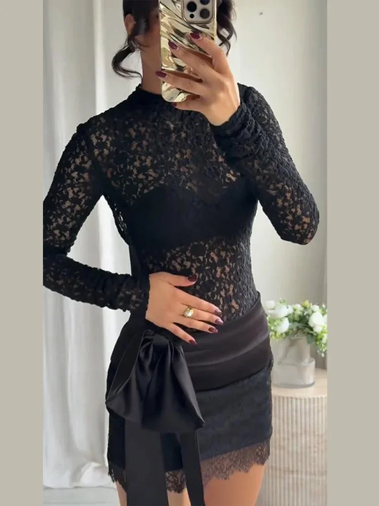 Schwarzes, ausgeschnittenes Jumpsuit-Rock-Set für Damen – Sexy, schmal geschnittenes O-Neck-Oberteil mit transparenter Schleife und Spitzenröcken – Damenanzug Frühling/Sommer 2026