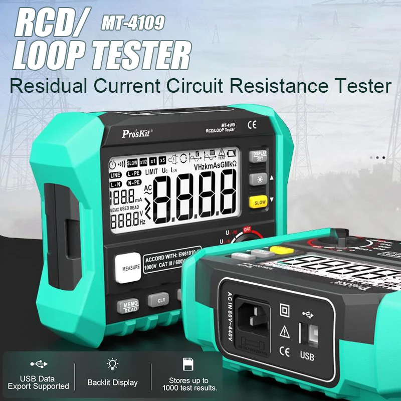 Pro'skit MT-4109 RCD/LOOP Tester Fehlerstromschaltung Widerstandstester Elektrische Sicherheit Risiko Überprüfen Widerstandsmessgeräte Image