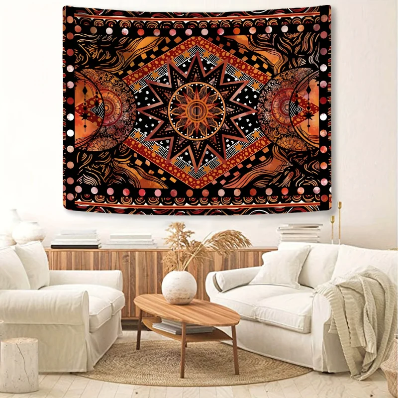 VIKAMA Bohemian Sun Moon Mandala Wandteppich, Retro-Ethno-Stil, geometrische Wanddekoration, Wohnzimmer, Sofa, Hintergrund, Wanddekoration Image
