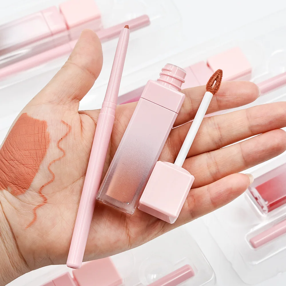 Private Label donna rossetto liquido opaco rossetto vegano lunga durata impermeabile 2 in 1 rossetto e rossetto Set Kit