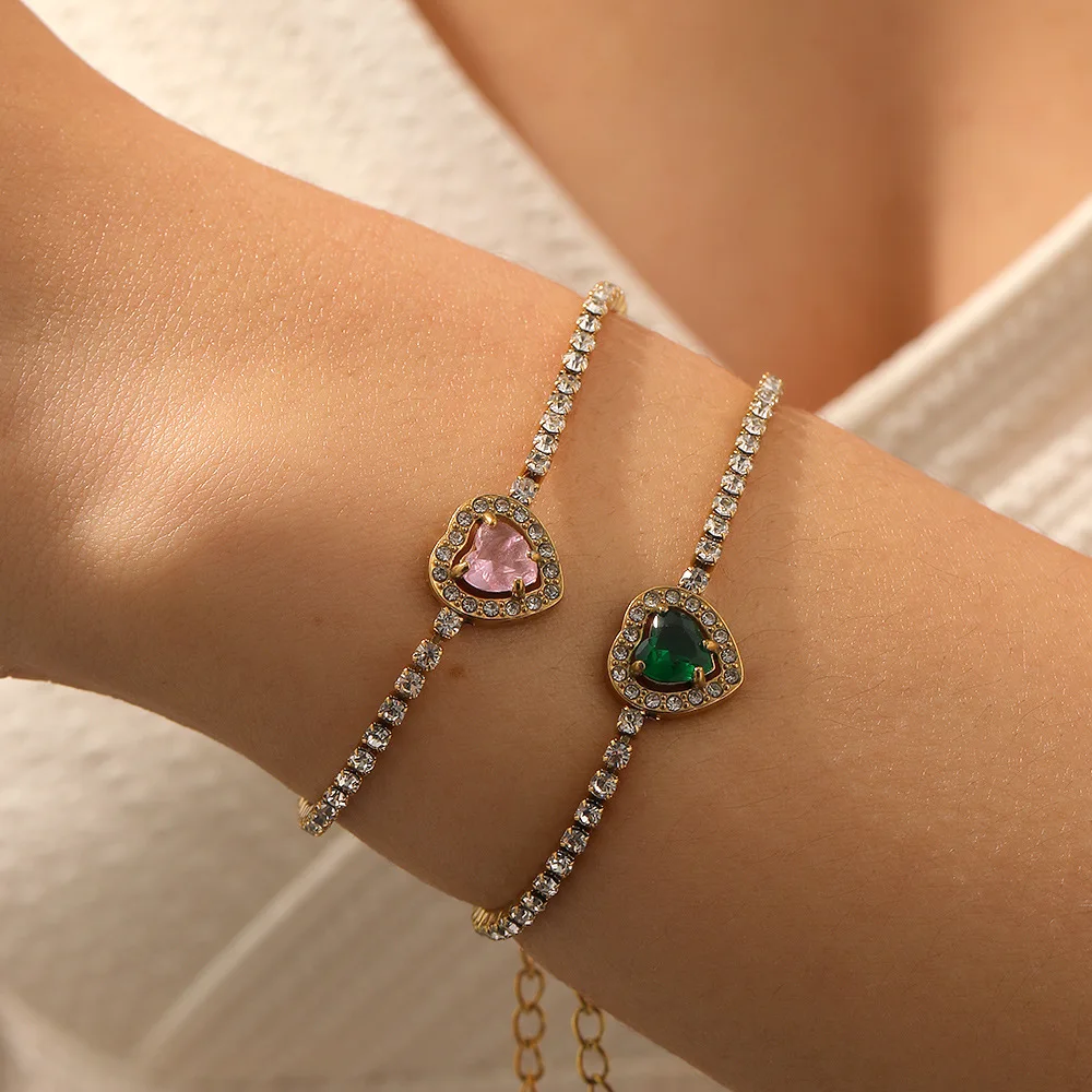 Bracciale N&S in Acciaio Inox Placcato Oro con Cuore Zirconi Rosa e Verdi Scintillanti Design Elegante e alla Moda per Gioielli da Donna