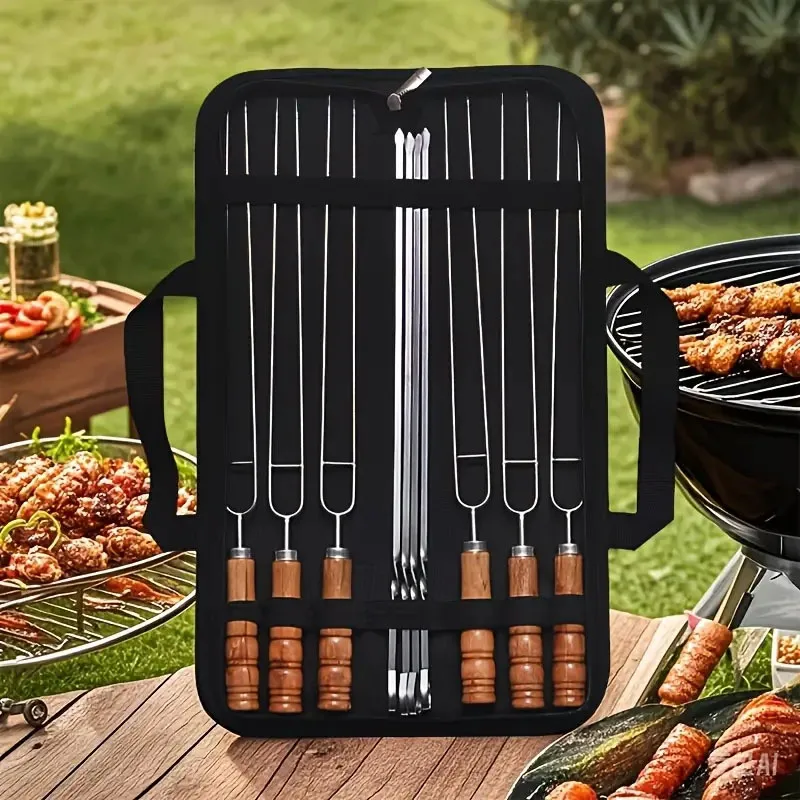 Set di Spiedini per Barbecue in Acciaio Inox con Manico in Legno Doppia Forcella Utensile per Grigliate all'Aperto e Campeggio Set da 10 Pezzi con Custodia