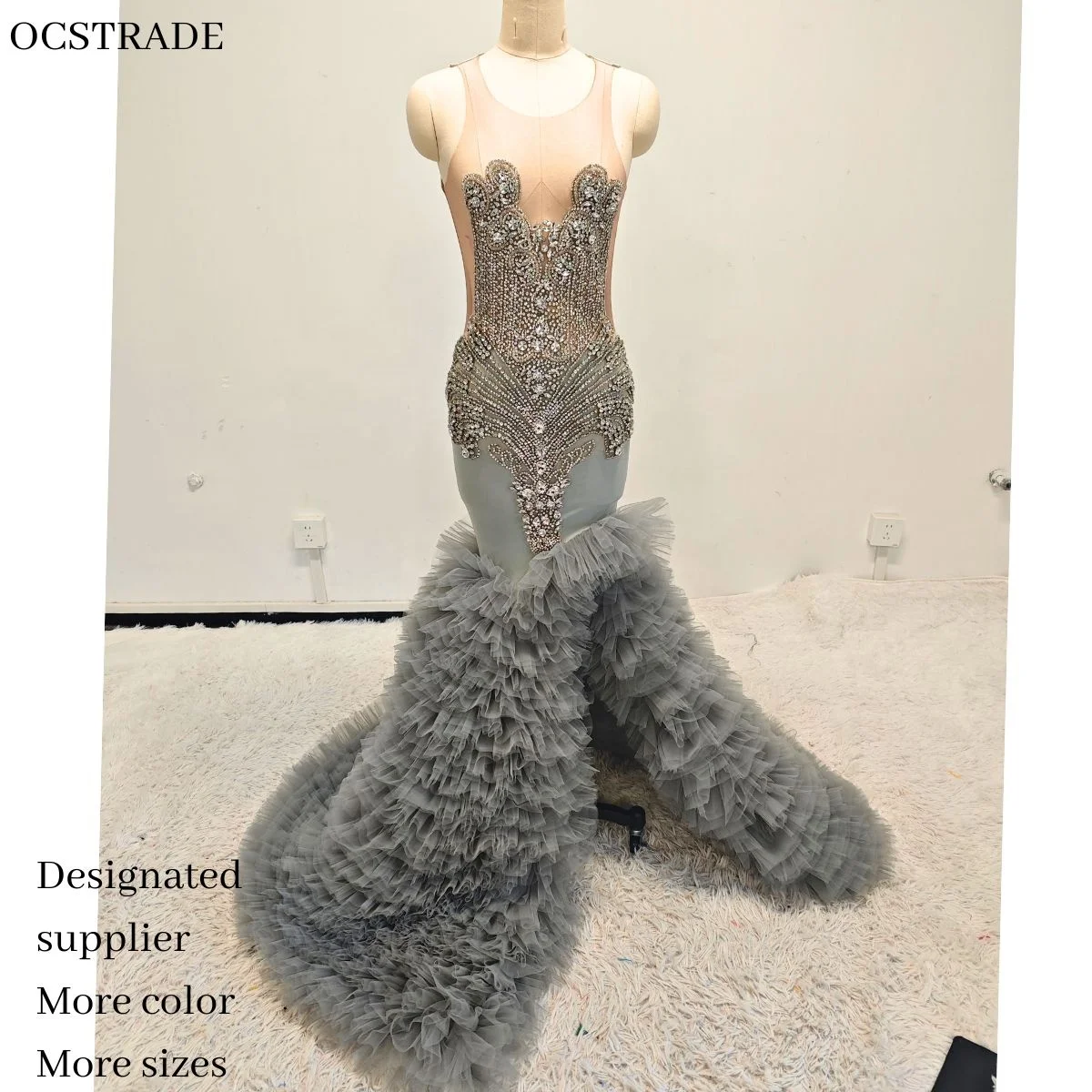 Produttore di Ocstrade Modulare abito da sera grigio argento a sirena con strass perline corpetto con strascico in Tulle abito da sera di lusso in Red Carpet