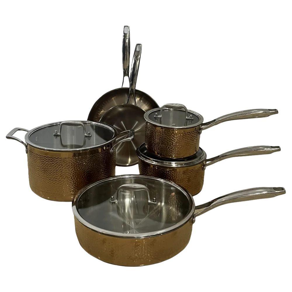 Set di pentole da cucina a induzione da 10 pezzi Set di pentole moderne Non aderenti in acciaio inossidabile a tre strati e oro martellato Set di pentole