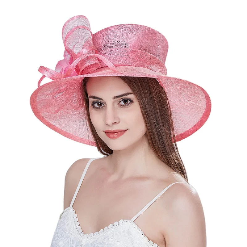 Moda chic donna lady pink sinamay cappello da chiesa a tesa larga Kentucky Derby Dress hat Fascinator floreale Tea Party cappello da sposa