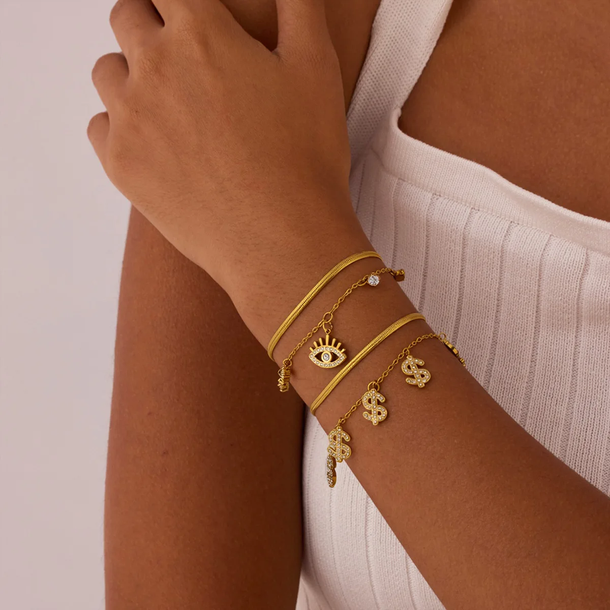 Bracciale da donna N&S a doppio strato con ciondolo Evil in acciaio inossidabile con zirconi incastonati stile retrò minimalista chic di tendenza anallergico idea regalo