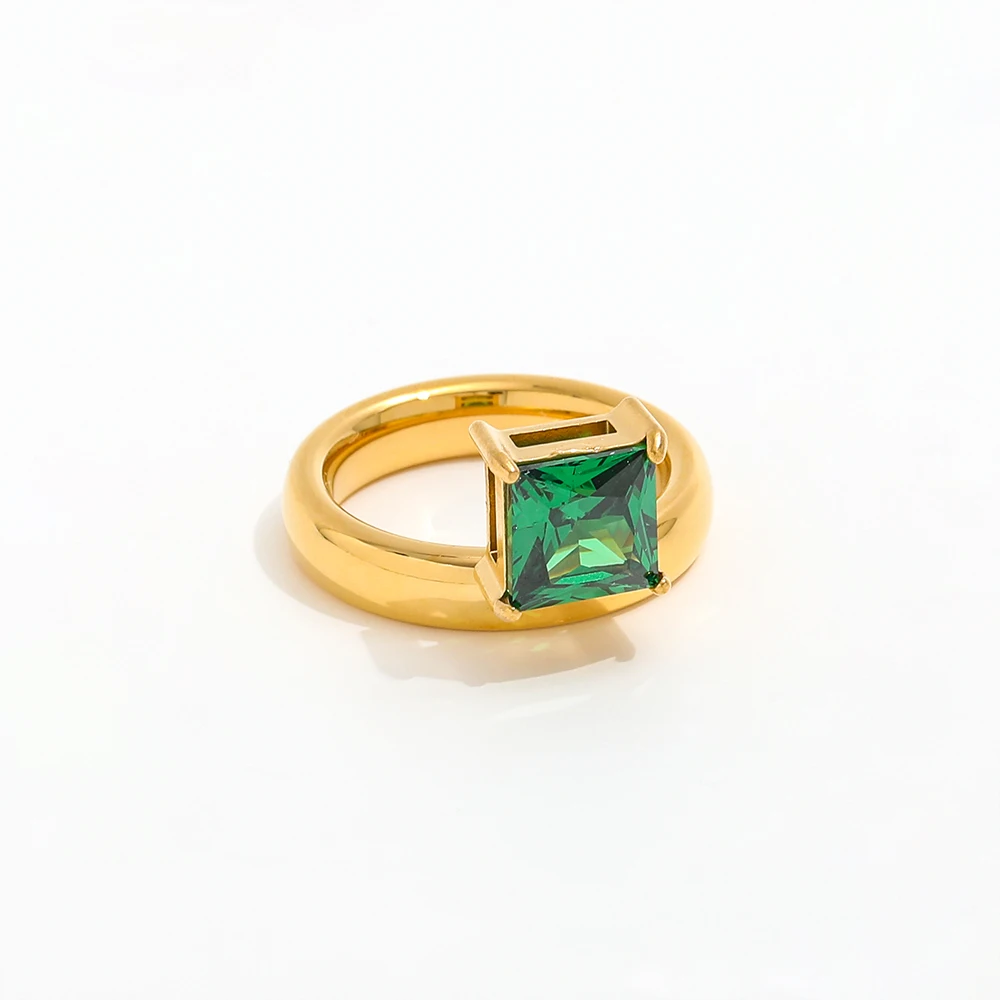 Joolim gioielli all'ingrosso 18K placcato oro Chunky quadrato verde Zirconia anello in acciaio inox per le donne gioielli di moda