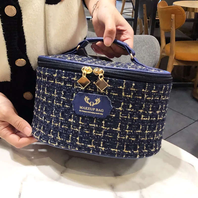 Vendita calda eco-friendly moda cotone chiusura con cerniera di lusso secchio cosmetici borsa di stoccaggio per il trucco portatile borsa per le donne