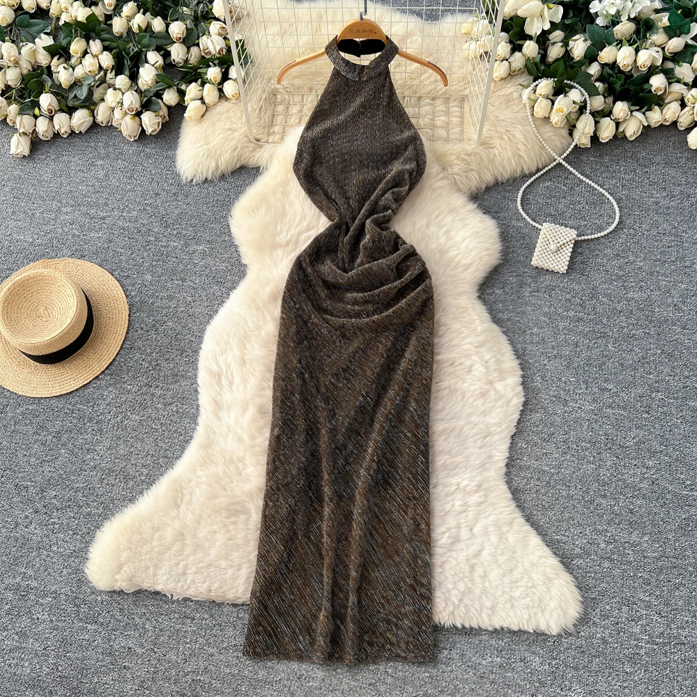 Abito lungo estivo elegante casual da donna con scollo all'americana senza maniche in velluto con schiena scoperta e taglio impero