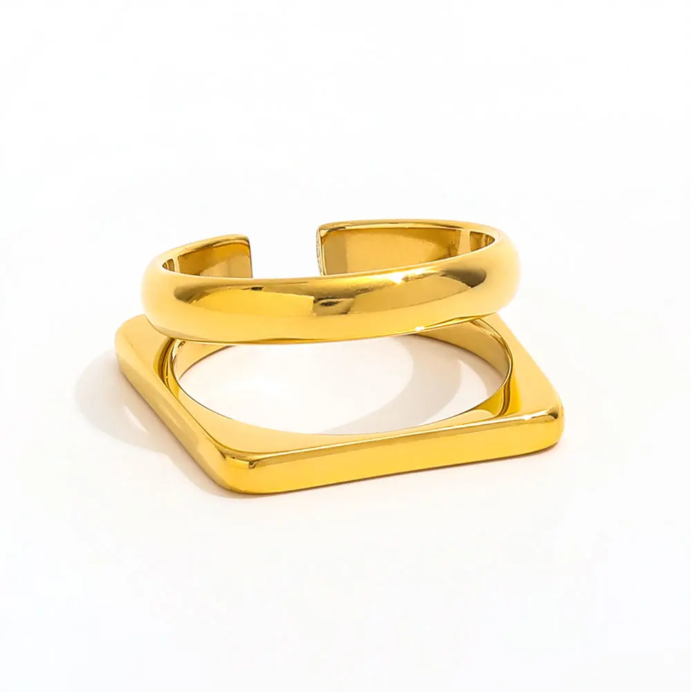 Joolim gioielli commercio all'ingrosso 18K placcato oro quadrato rotondo articolato linee vuote in acciaio inox anello aperto per le donne regalo