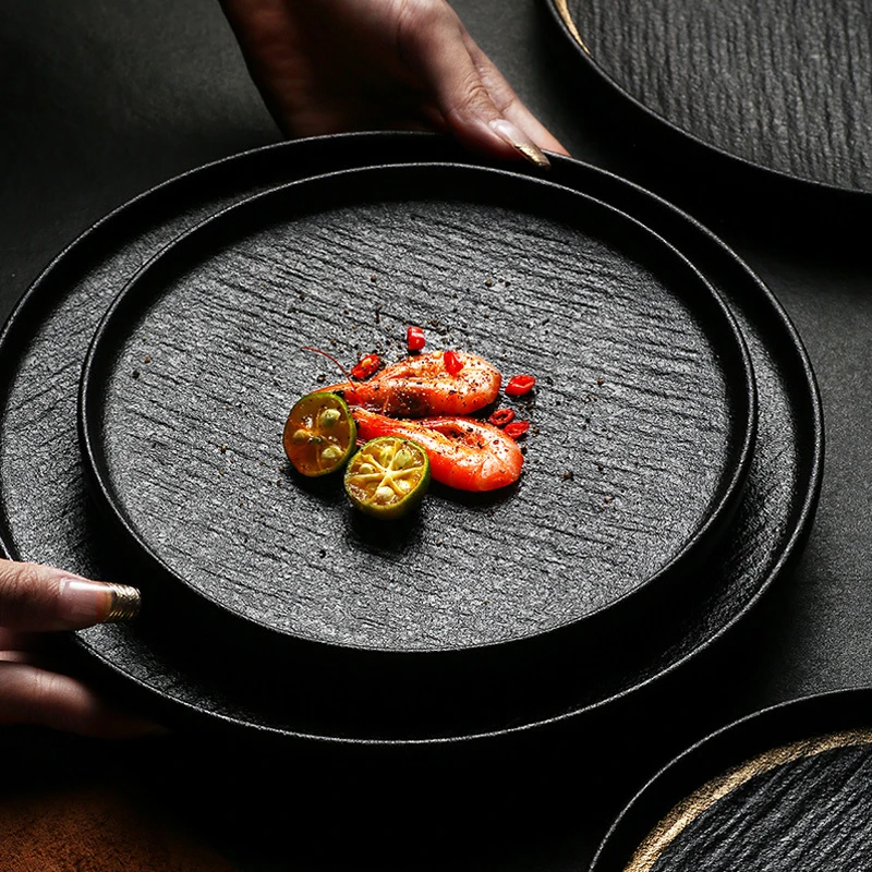 Piatto da Portata in Ceramica Gres Nero Opaco per Ristorante di Sushi Piatto Rotondo in Porcellana per Bistecca Cereali Dessert Insalata e Spaghetti