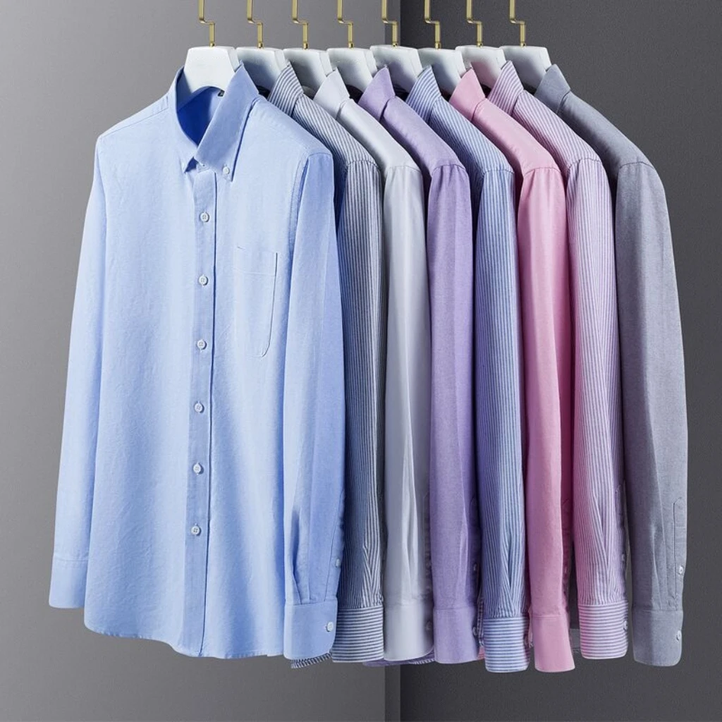 Nuova Camicia Oxford in Puro Cotone a Maniche Lunghe per Uomo Tinta Unita Casual Business Traspirante