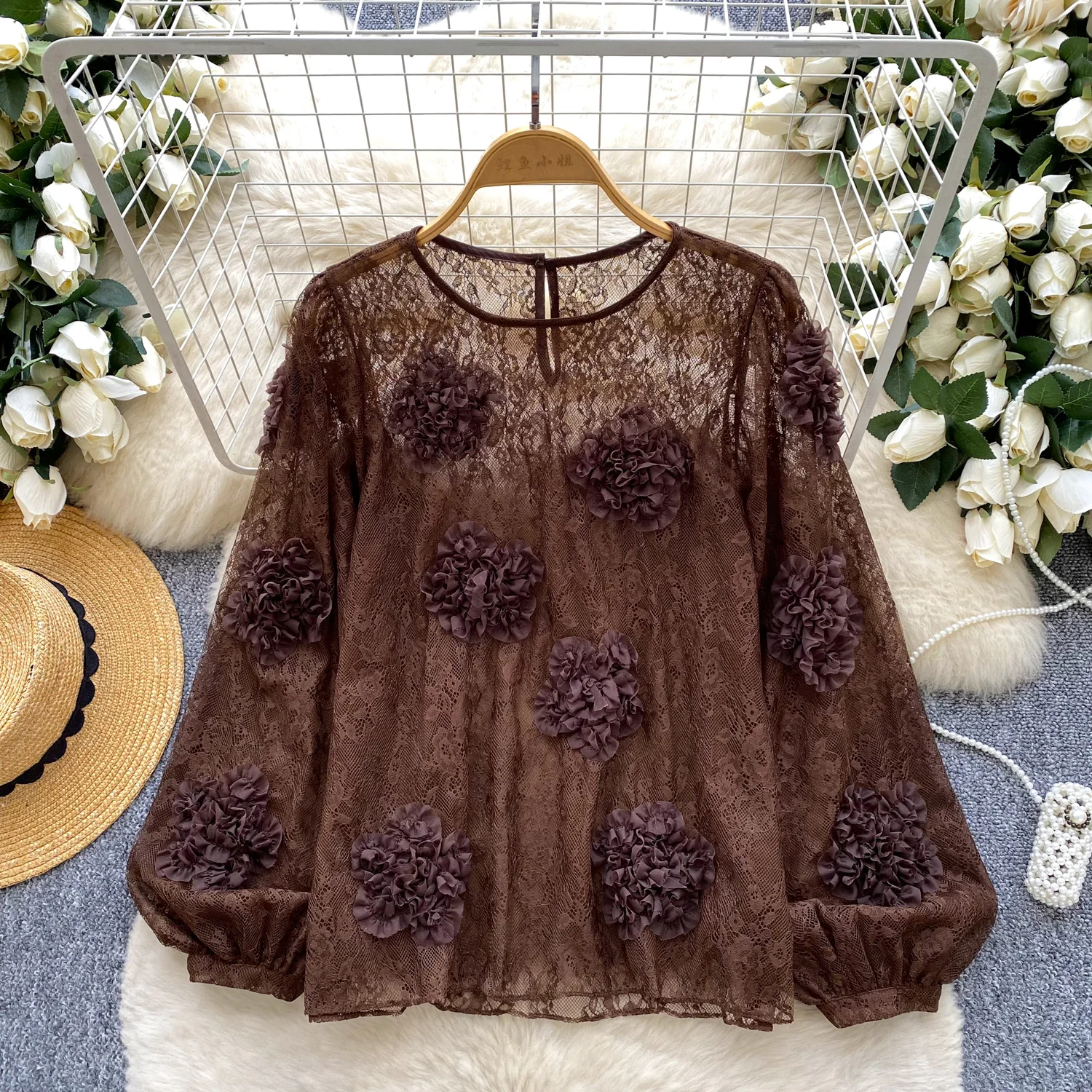 Camicette Eleganti in Pizzo a Maniche Lunghe con Collo Tondo per Donna Camicie in Pizzo Tinta Unita Top Eleganti da Donna Abbigliamento Femminile all'Ingrosso