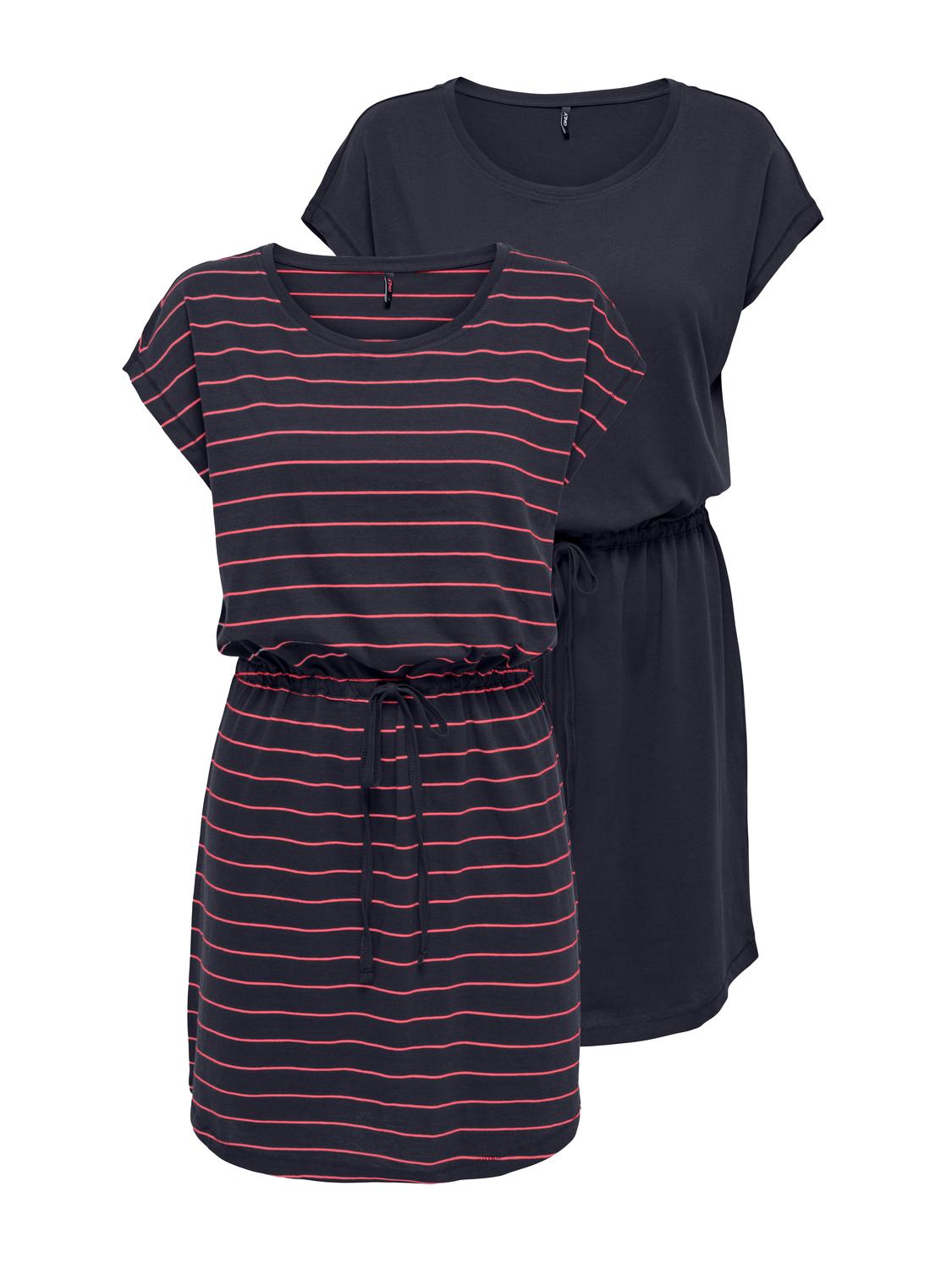Shirtkleid ONLY "ONLMAY LIFE S/S DRESS 2 PACK CS JRS", Damen, Gr. XXL, N-Gr, night sky pack:pack night sky stripe sun kissed coral (nadia), Jersey, Obermaterial: 100% Baumwolle, gestreift, regular fit kurz, Rundhals, Kleider Shirtkleid, Baumwolle,...