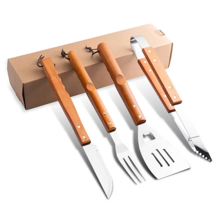 Accessori utensili da Barbecue in acciaio inox personalizzati all'ingrosso in legno con manico in legno per Barbecue Grill Set di strumenti con pinze a spatola