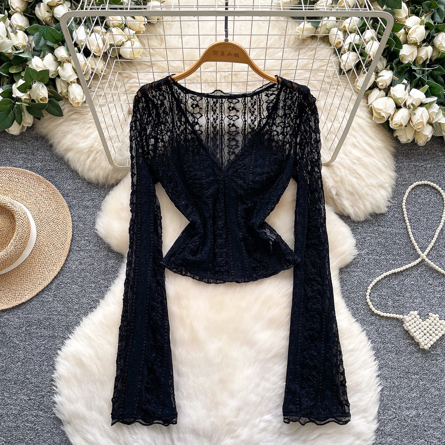 Camicette Casual da Donna con Scollo a V e Maniche Lunghe in Pizzo Camicie a Maniche Svasate in Pizzo Tinta Unita Top da Festa per Donna Abbigliamento Donna all'Ingrosso