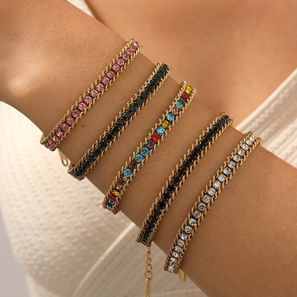 Bracciale N&S in Acciaio Inox Placcato Oro 18K per Donna con Zirconi Quadrati Multicolore Gioielli alla Moda Trendy Regalo in Cristallo Colorato