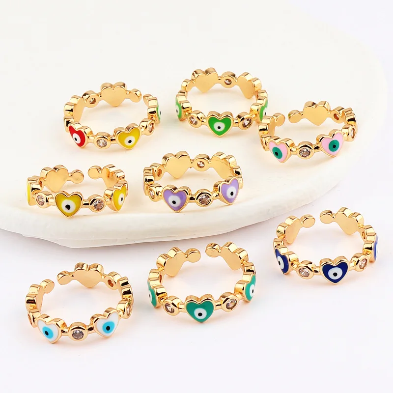 Commercio all'ingrosso 18K oro placcato smalto viola bianco rosa verde blu a forma di cuore zircone turco malocchio anelli gioielli per le donne