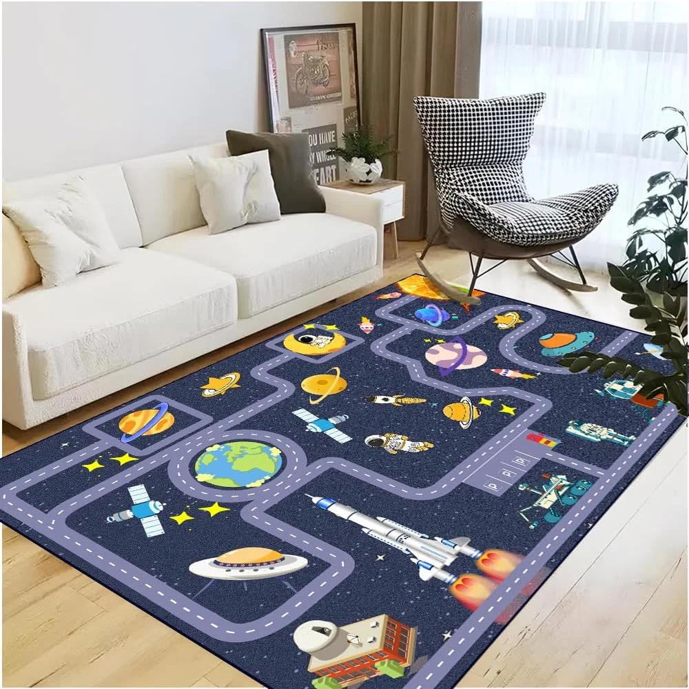 Weltraum-Kinderteppich, Autoteppich für Jungen, für sicheres Spielen im Auto, rutschfester, lehrreicher Stadtstraßen-Teppich für Kinderzimmer und Schlafzimmer
