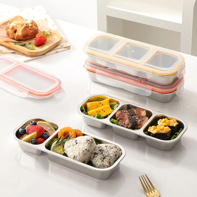 Contenitore per Pranzo Bento a 2/3 Scomparti Ermetico 700ml in Acciaio Inox 304 Senza BPA con Coperchio Trasparente in PP per Conservazione di Alimenti e Snack