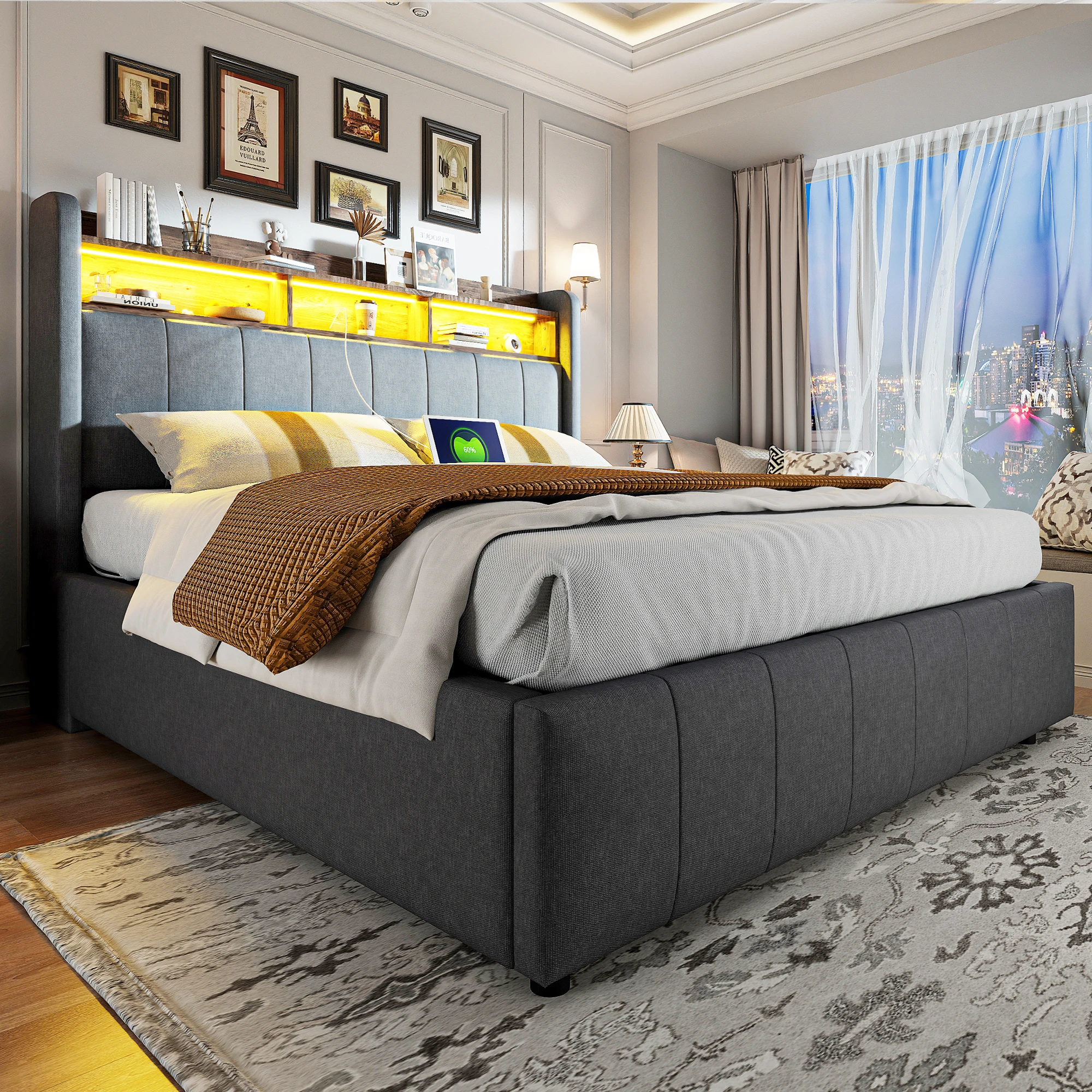 KOMHTOM Leinenstoff Polsterbett Doppelbett für Erwachsene mit LED Beleuchtung USB Steckdose Kopfteil mit Hydraulik Lagerung Image