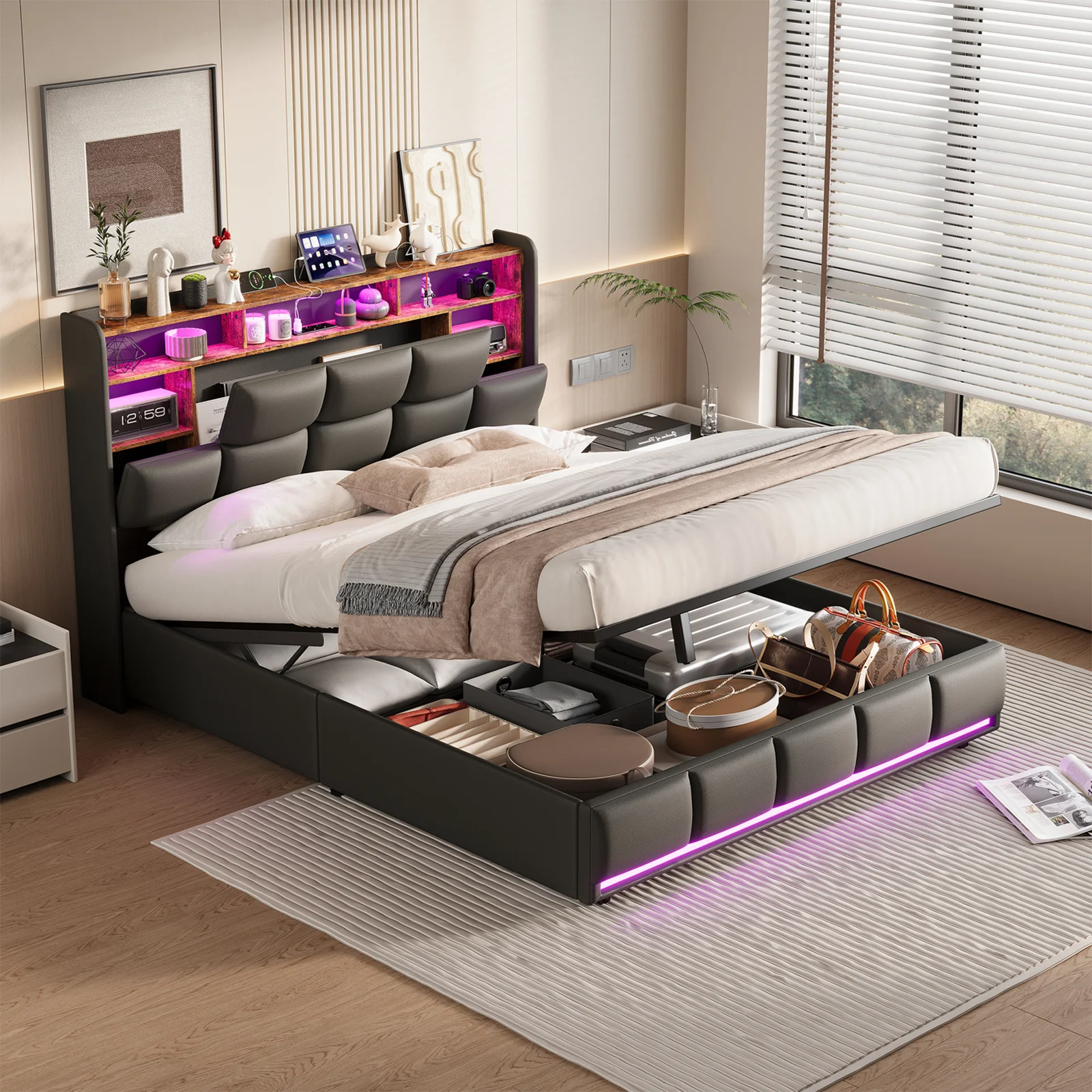 Anajqaqia Polsterbett 160 x 200 cm, Doppelbett mit LED-Beleuchtung, Kopfteil mit USB-Typ-C-Ladefunktion, PU, Schwarz Image