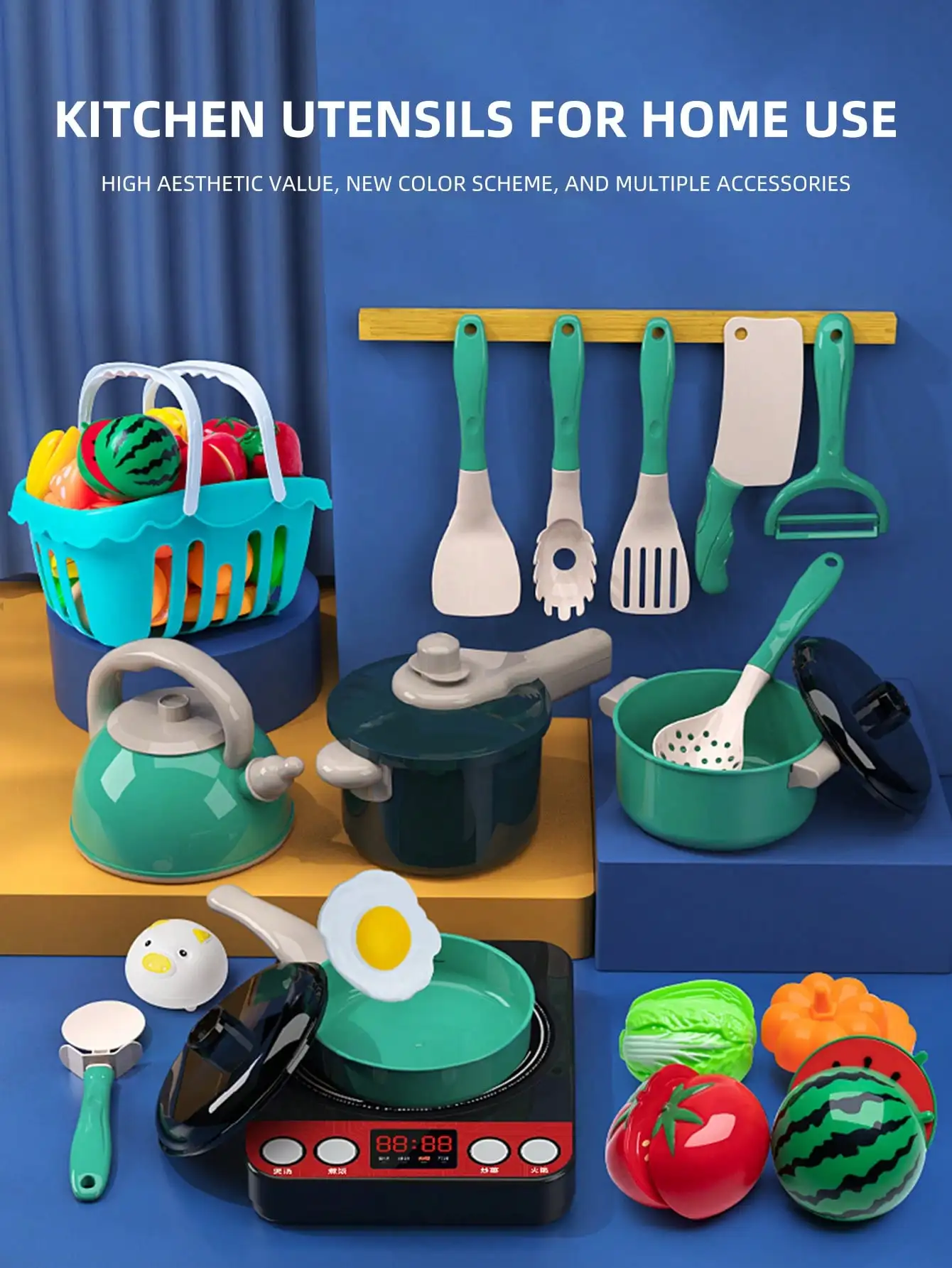 Jouets de cuisine pour enfants, jeux de simulation de cuisine et de service, ustensiles avec casseroles de jeu, kit d'accessoires de cuisine, outils de découpe de fruits pour filles