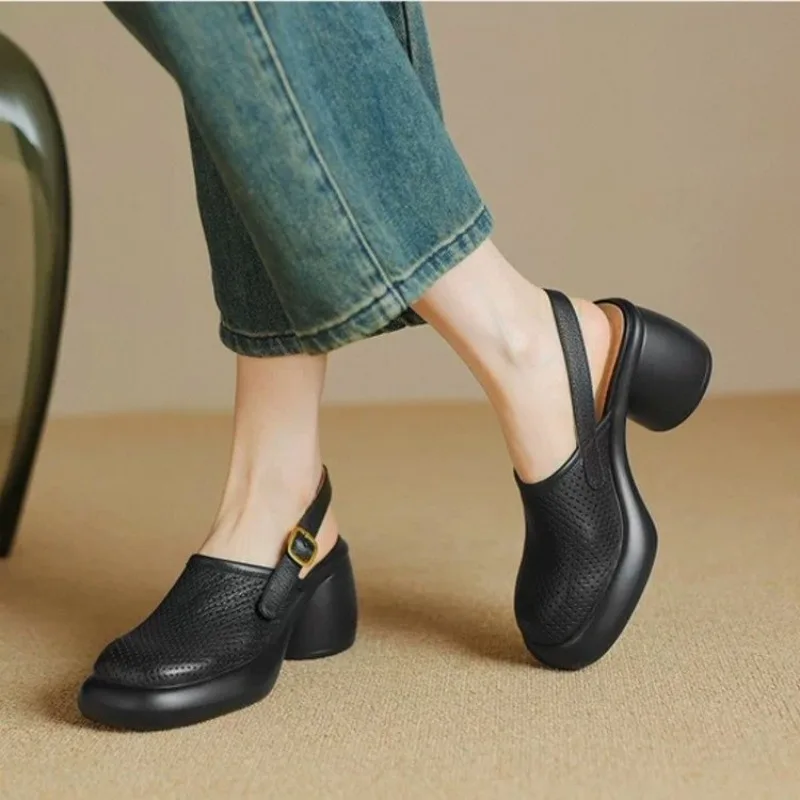 Sommer Sandalen Runde Kappe Aushöhlen High Heel Sandalen für Frauen Plattform Sandalen Zapatos Mujer Chunky Heel Schaffell Schuhe Grün