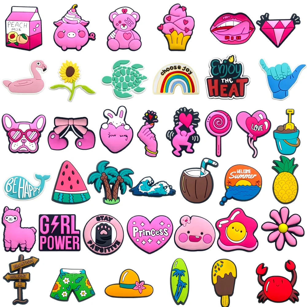 40 Stück Sommer Strand Rosa Serie Schuh Charms DIY Schuh Schnalle Zubehör PVC Schuh Dekorationen Weihnachtsgeschenke für Kinder Party