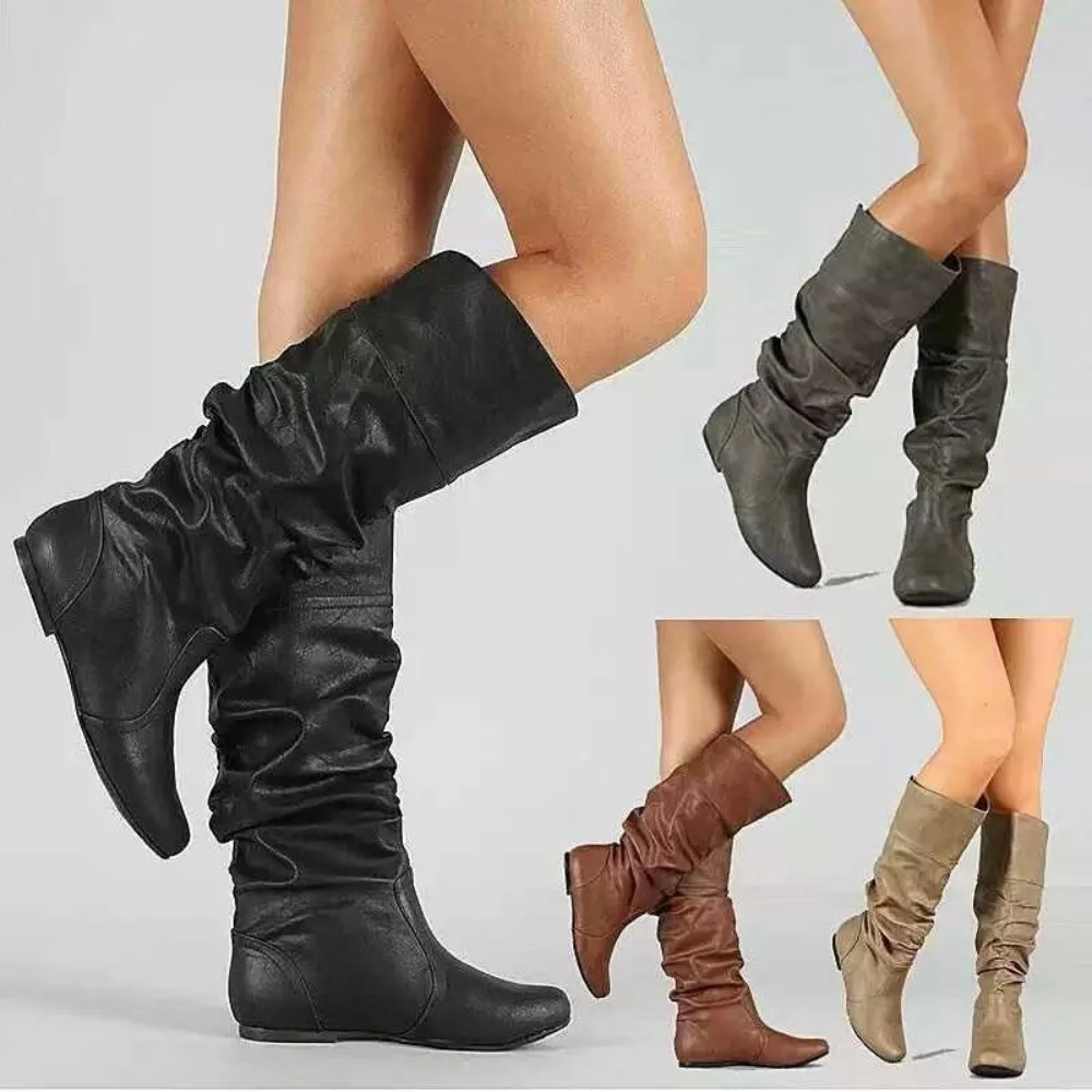 2024 Frühling Herbst Mitte der Wade Stiefel Frauen flache Schuhe Frauen hohe Stiefel lange westliche Cowboys tiefel Frauen Schuhe große Größe 35-43