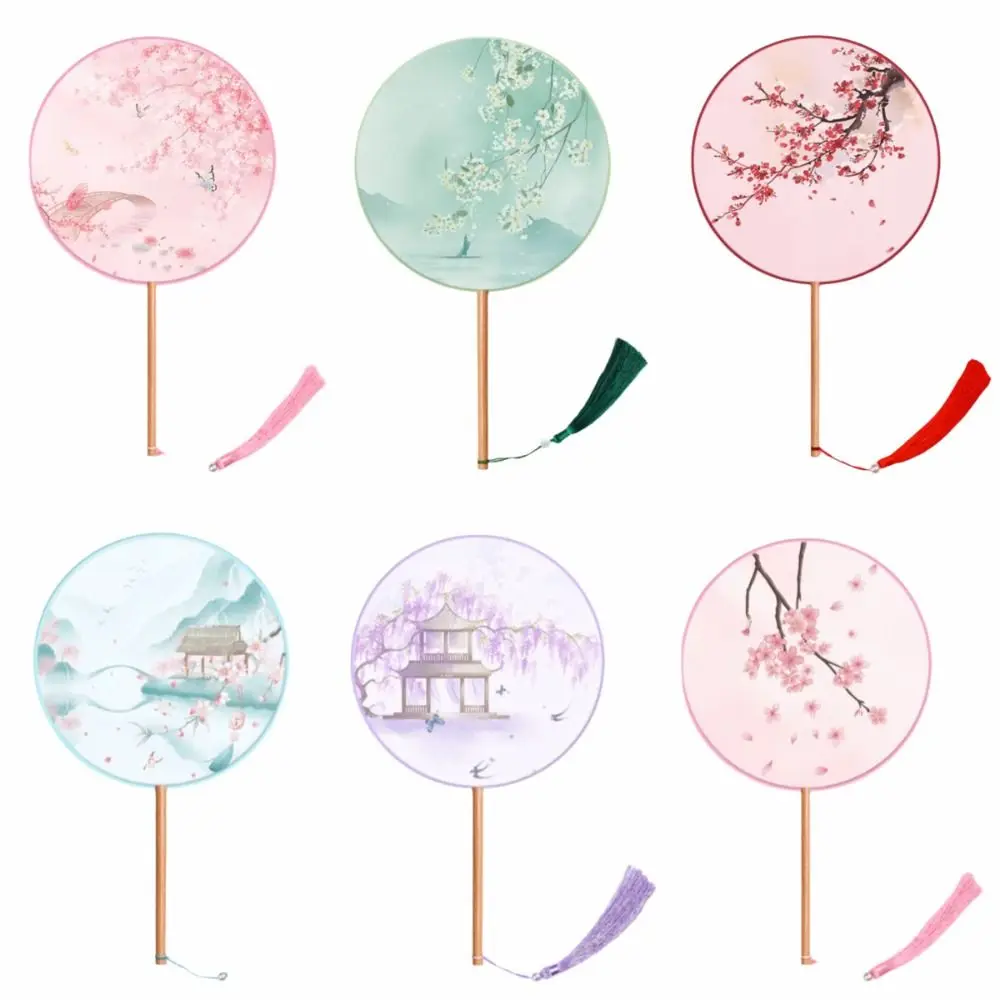 Vintage Chinesischer Stil Runder Handfächer aus Seide mit Langem Griff, Antiker Quasten-Tanzfächer mit Stickerei-Design für Hochzeiten und Partys Image