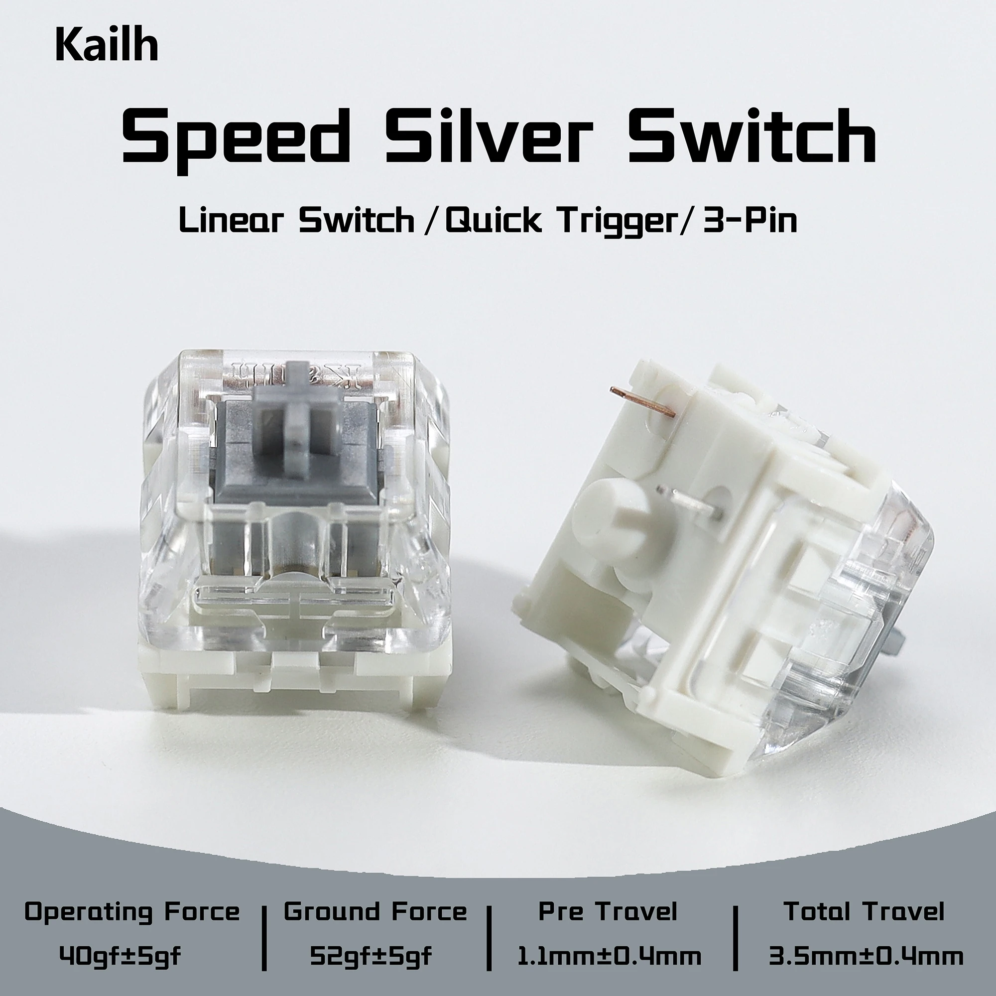 Kailh Speed Silver Switch Mechanische Tastaturschalter, cremig, linear, 3-polig, 40gf, vorgeschmiert, für 60 Gaming-Tastatur-Kit-Schalter Image