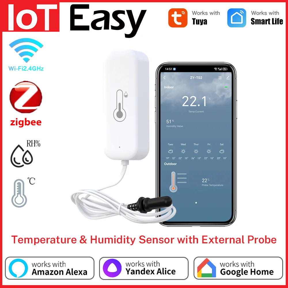Tuya WiFi Zigbee Temperatur- und Feuchtigkeitssensor mit externer Sonde, intelligentes Thermometer und Hygrometer, funktioniert mit Google Home Smart Life Image