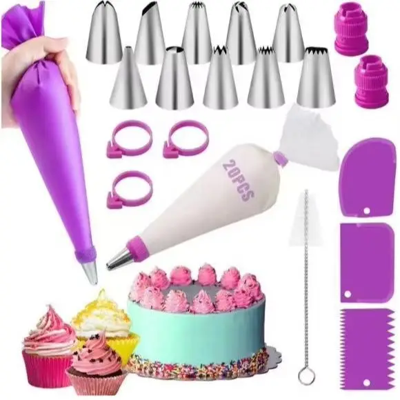 Spritzbeutel und Spitzen-Set, Kuchen-DIY-Dekorationsset mit Edelstahldüse, wiederverwendbare Silikon-Backwerkzeuge für Gebäck und Küche Image
