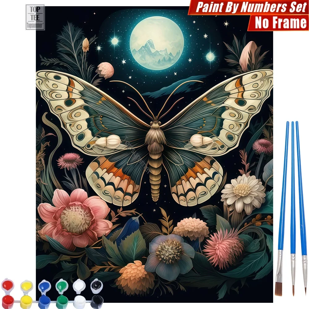 Nachtliche Schmetterlingsblumen Malen nach Zahlen Set - Vollmond Geheimnisvolle Künstlerische Aktivitäten Vatertag Geschenk für Papa Image