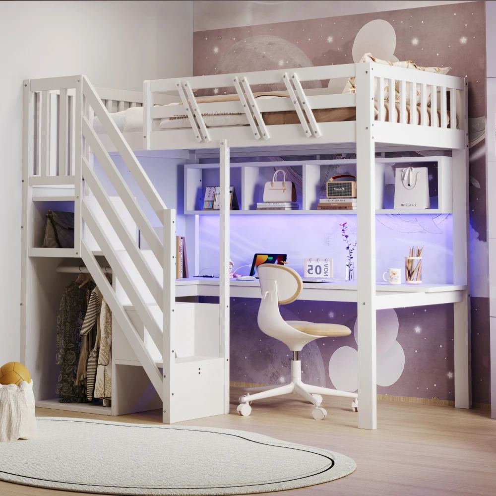 90*200cm & 140*200cm Massivholzbett, mit Treppe und Schreibtisch, mit USB-Anschluss und LED-Beleuchtung, Kinderbett, Massivholzrahmen Image