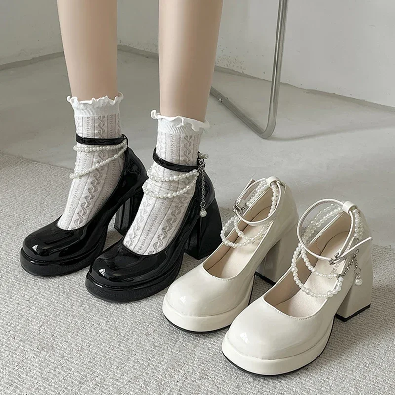 10 cm High Heels Schuhe Frauen Schwarz Weiß Chunk Plattform Mary Janes frauen Schuhe Chic Perle Ankle Straps Loafers Frau schuhe