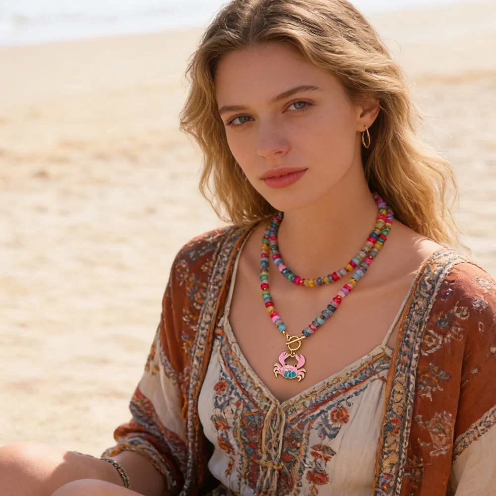 Bunte Glasperlen-Halskette mit bemaltem Krabben-Anhänger für Damen, modisches Original-Design, Choker-Halskette, täglicher Schmuck, Accessoires Image