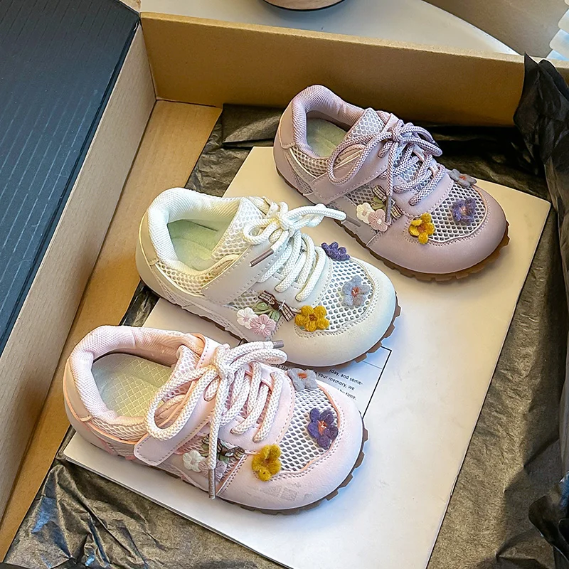 2026 Mädchen Frühling/Sommer Neue Sneaker in Rosa mit Niedlichen Blumen, Modische Vielseitige Freizeitschuhe, Leder-Obermaterial, Rutschfeste Weiche Sohle Image