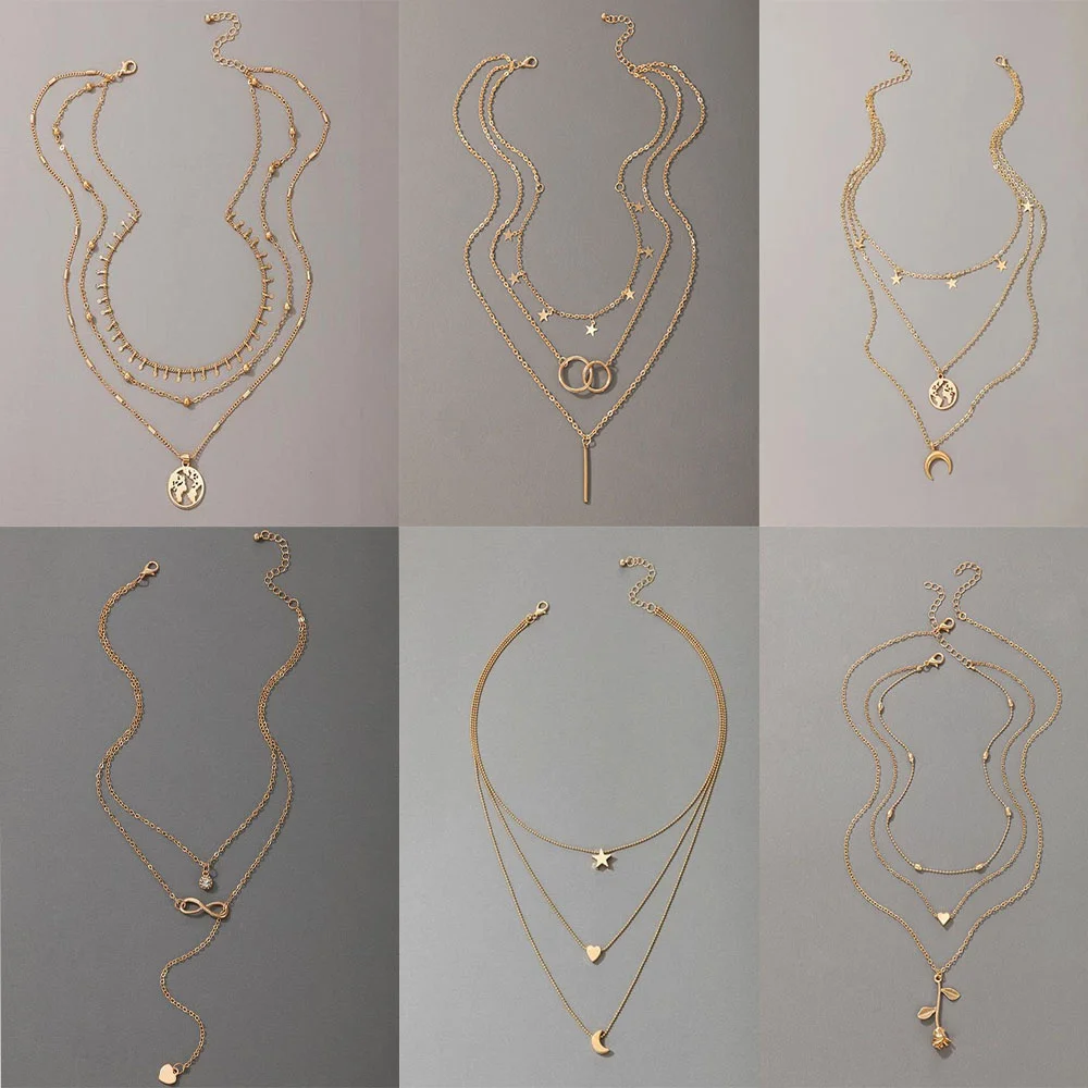 Vintage Multilevel Kragen Halskette Für Frauen Weibliche Gold Geometrische Dünne Kette Erde Stern Rose Mond Herz Anhänger Schmuck Geschenk