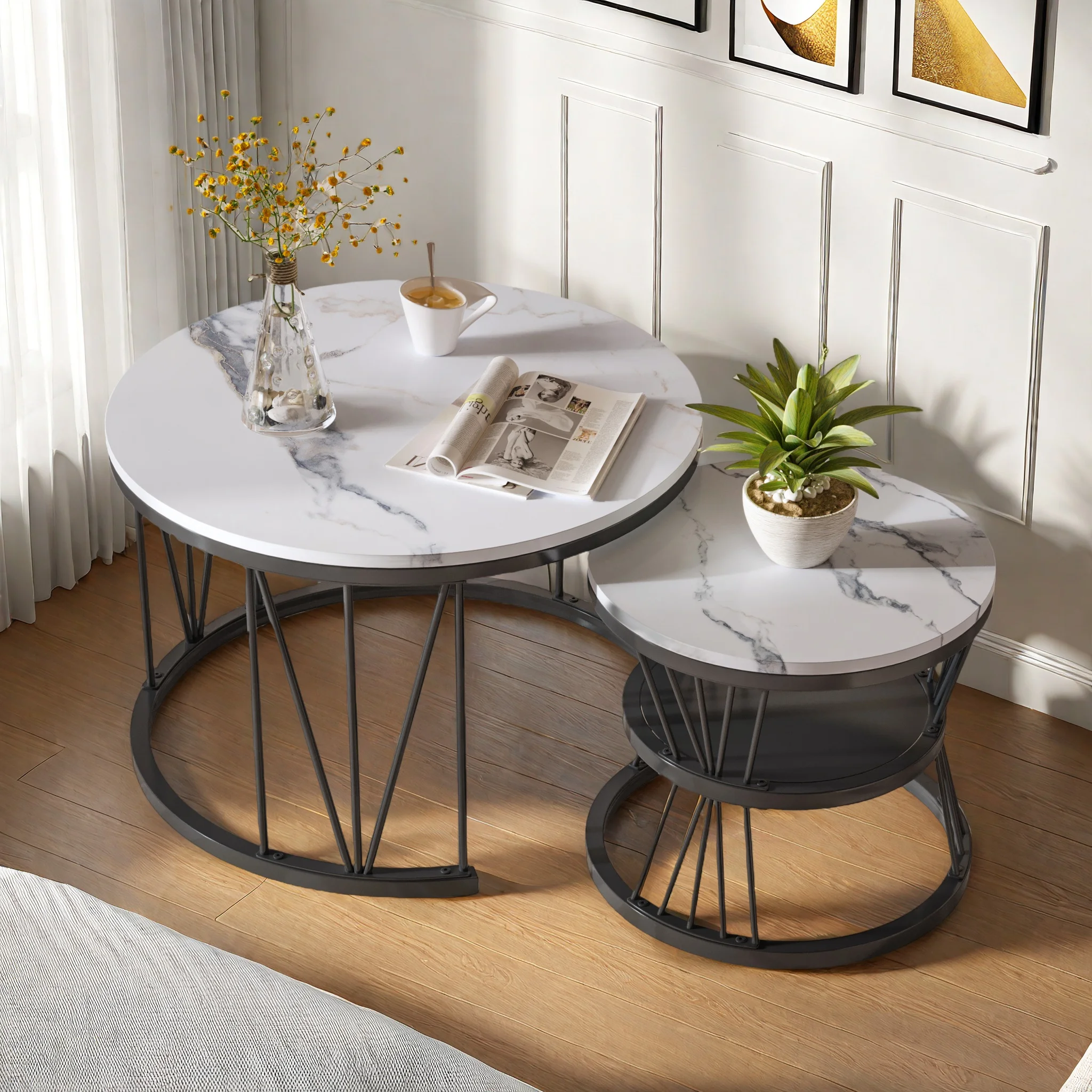Comanlai 2er-Set Couchtische Beistelltische, Moderne Runde Wohnzimmer-Beistelltische, mit Stauraum und Metallrahmen