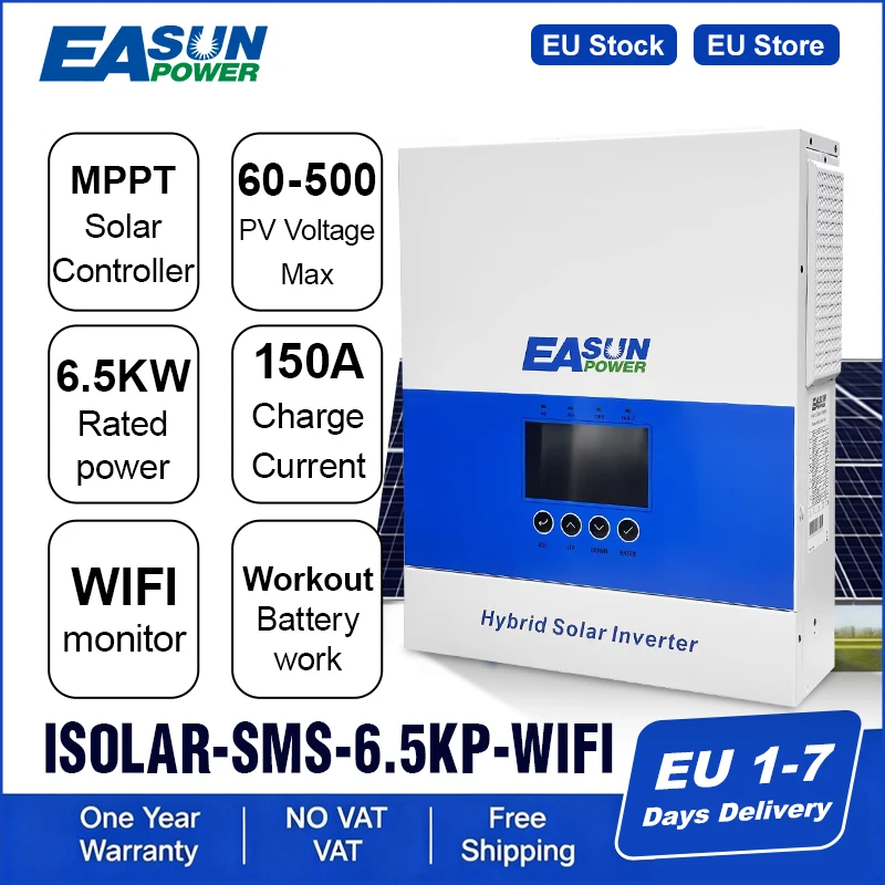 Inverter Solare Ibrido Easun 6500W 48V Off-Grid con MPPT 120A, Uscita 230V Grid-Tie 50Hz/60Hz, Caricatore Solare PV 500V, Parallelo, WIFI, BMS