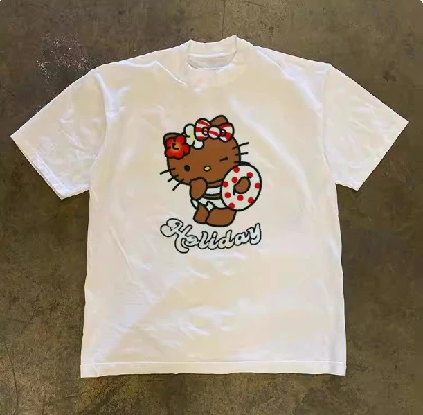 2026 Sommer 100% Baumwolle Sanrio Hello Kitty Bedrucktes Lässiges Lockeres T-Shirt Eltern-Kind Vintage Harajuku Top 52TOYS Kollaboration