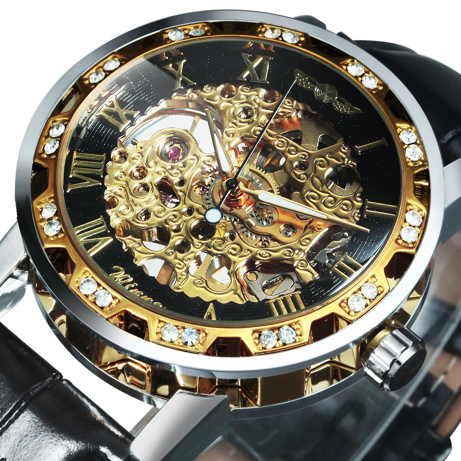 Unisex klassische Skelett-Herrenuhr, luxuriöses Diamantgehäuse, goldene mechanische Uhren, lässiges Leder-Stahlarmband, leuchtende WINNER-Uhr Image